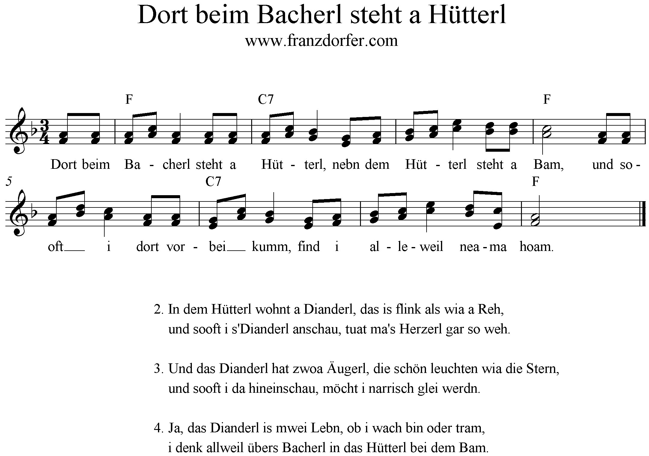 Noten, Akkorde, Text, Dort beim Bacherl steht a Hütterl